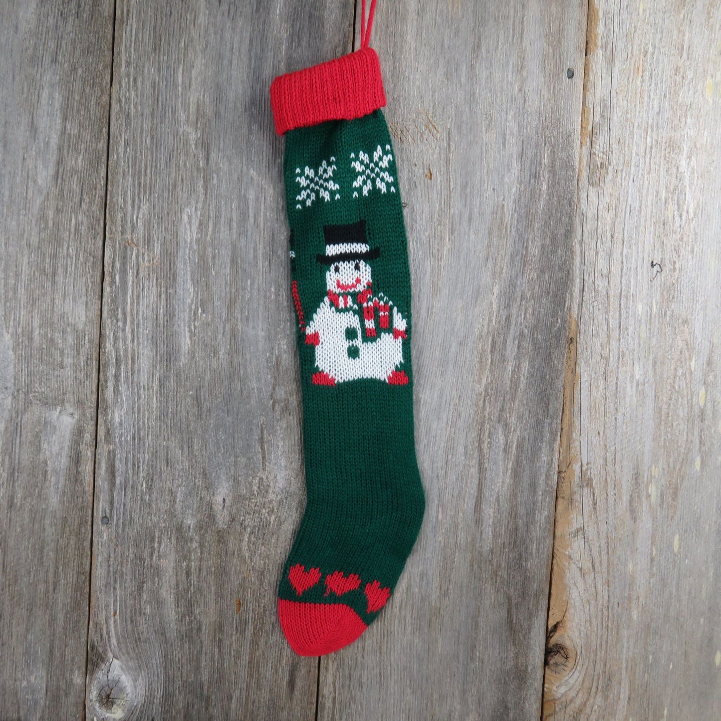 Vintage Chunky Knit Snowman Stocking Christmas Green Red Hearts