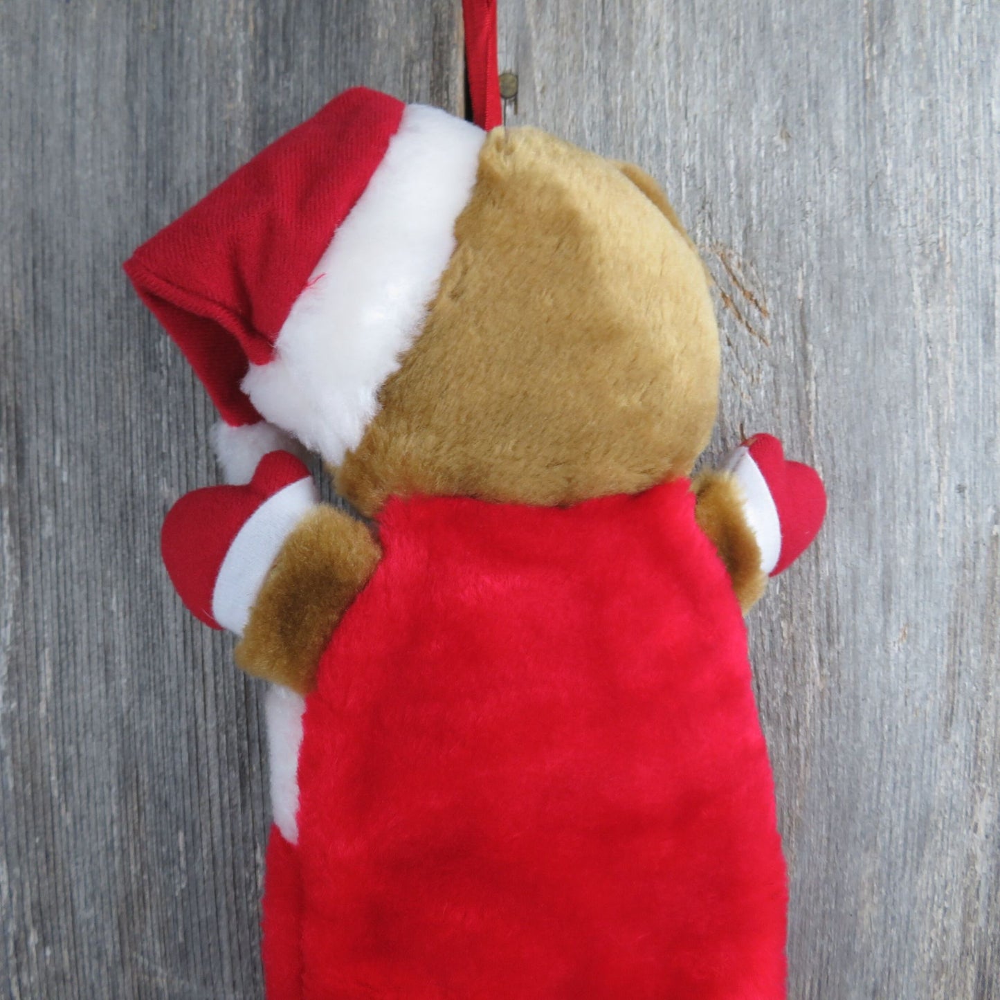 Vintage Teddy Bear Plush Stocking Brown Santa Hat Small Bow Mittens