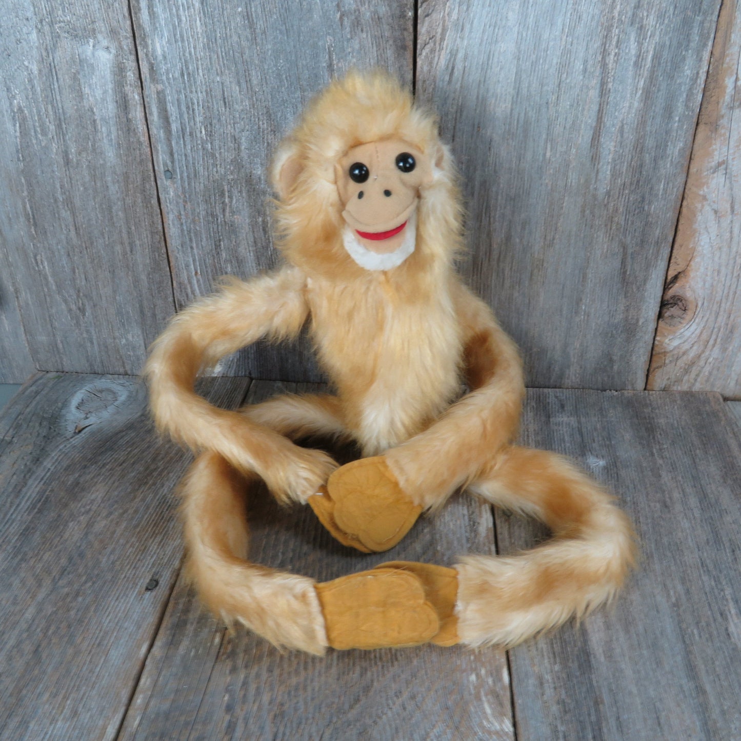 Vintage Monkey Puppet Plush Long Arms Legs Fuzzy Tan Cream Stuffed Animal Toy