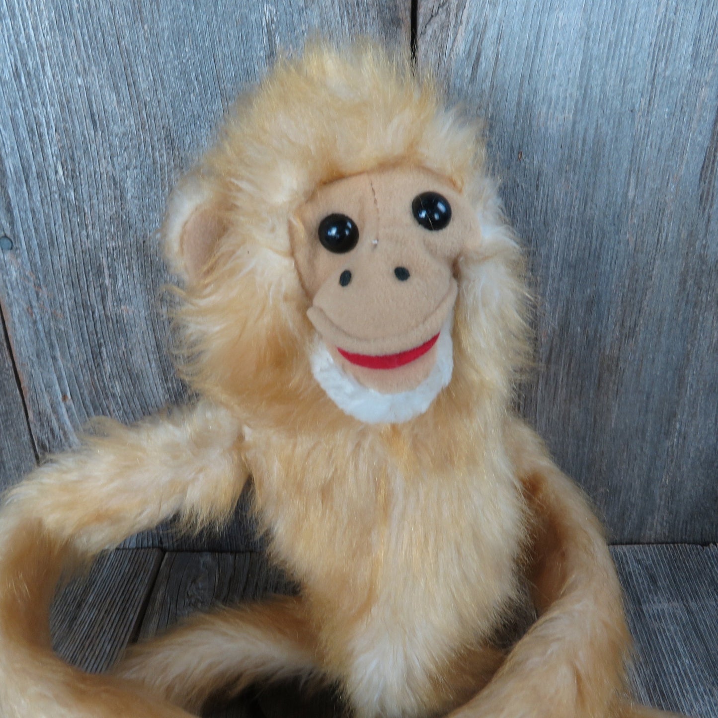 Vintage Monkey Puppet Plush Long Arms Legs Fuzzy Tan Cream Stuffed Animal Toy