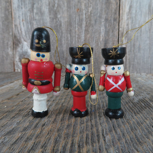 Vintage Wood Guard Toy Soldier Ornament Set Christmas Wood Red Green White Salute