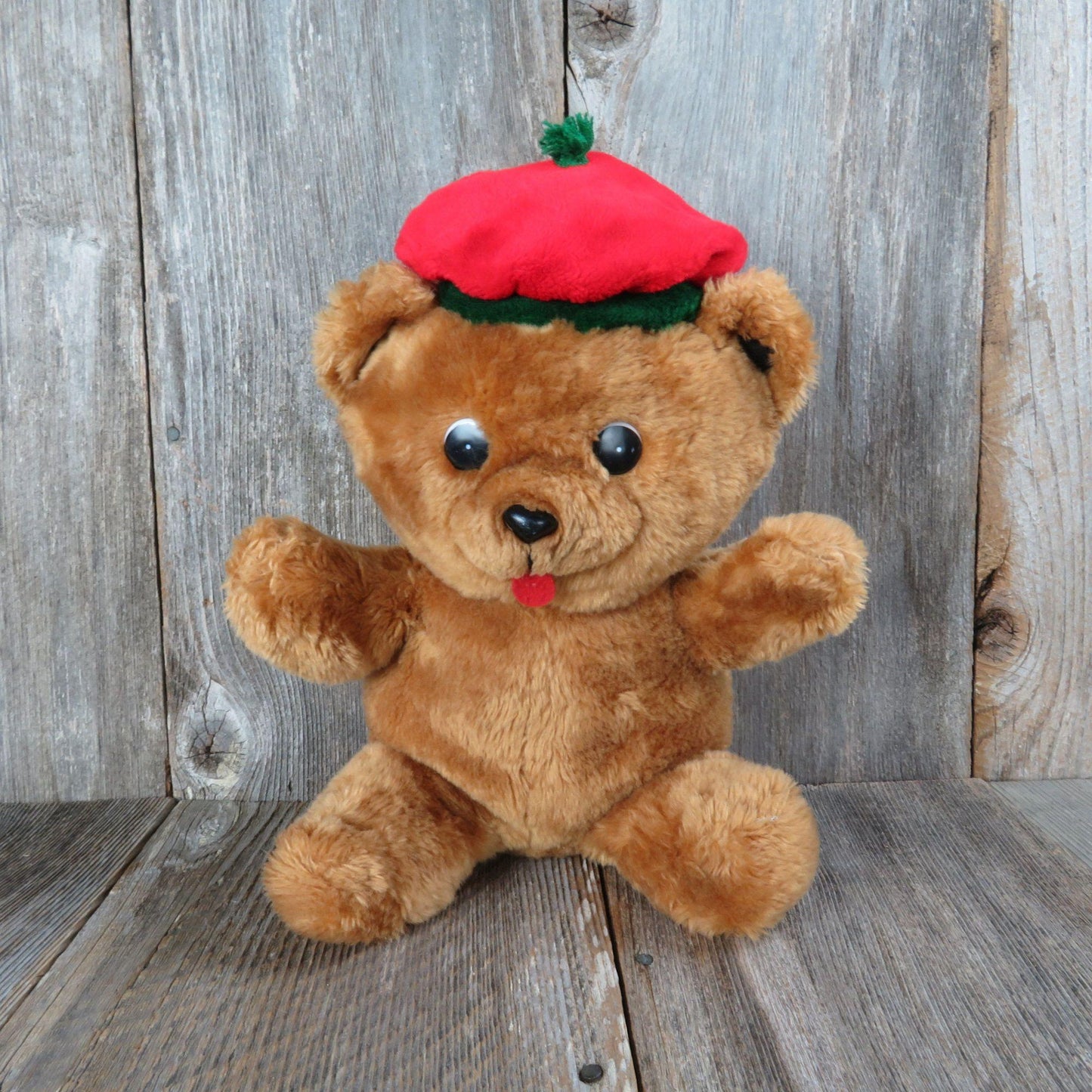 Vintage Teddy Bear with Red Green Beret Plush Large Plastic Eyes Christmas Noble Arts Stuffed Animal