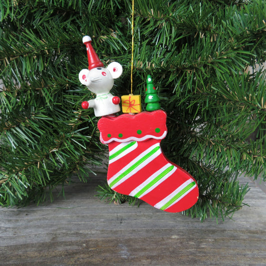 Vintage Wood Stocking Ornament Red Green Mouse Santa Christmas Tree Wooden Gifts