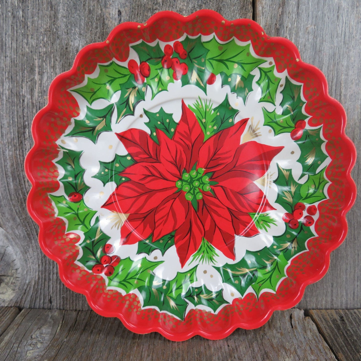 Vintage Poinsettia Cookie Plate Plastic Platter Scalloped Edge Serving Dish Gift Tray Holly Hostess Party Red Green
