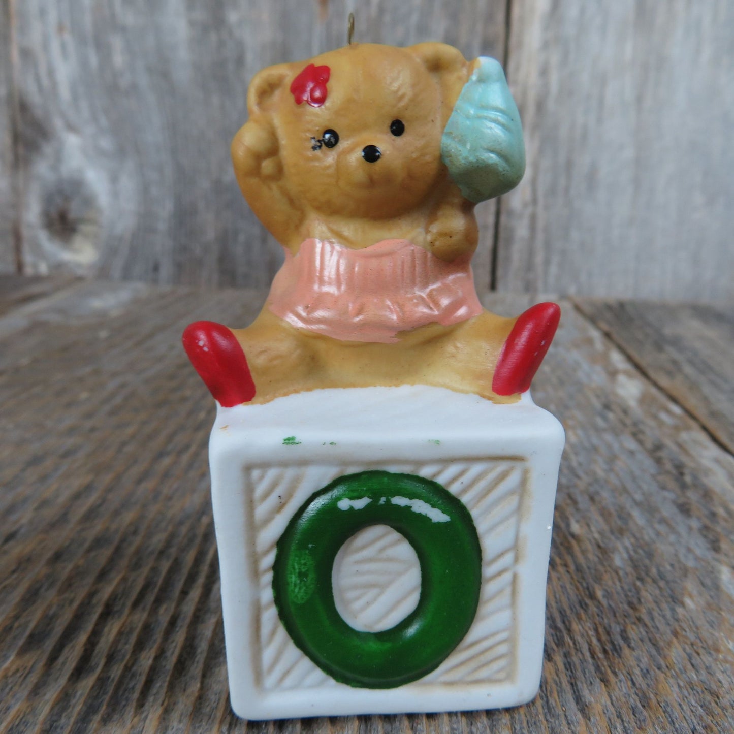 Vintage Bear on Alphabet Block Ornament Girl Pink Dress Ceramic Porcelain Christmas House of Lloyd