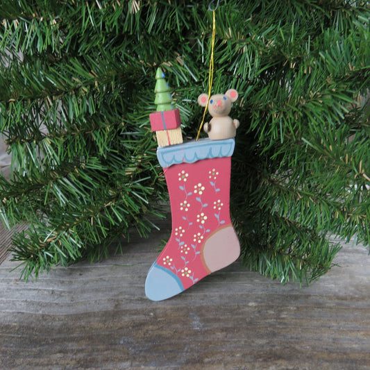 Vintage Wood Stocking Ornament Pink Blue Teddy Bear Christmas Tree Wooden Gifts