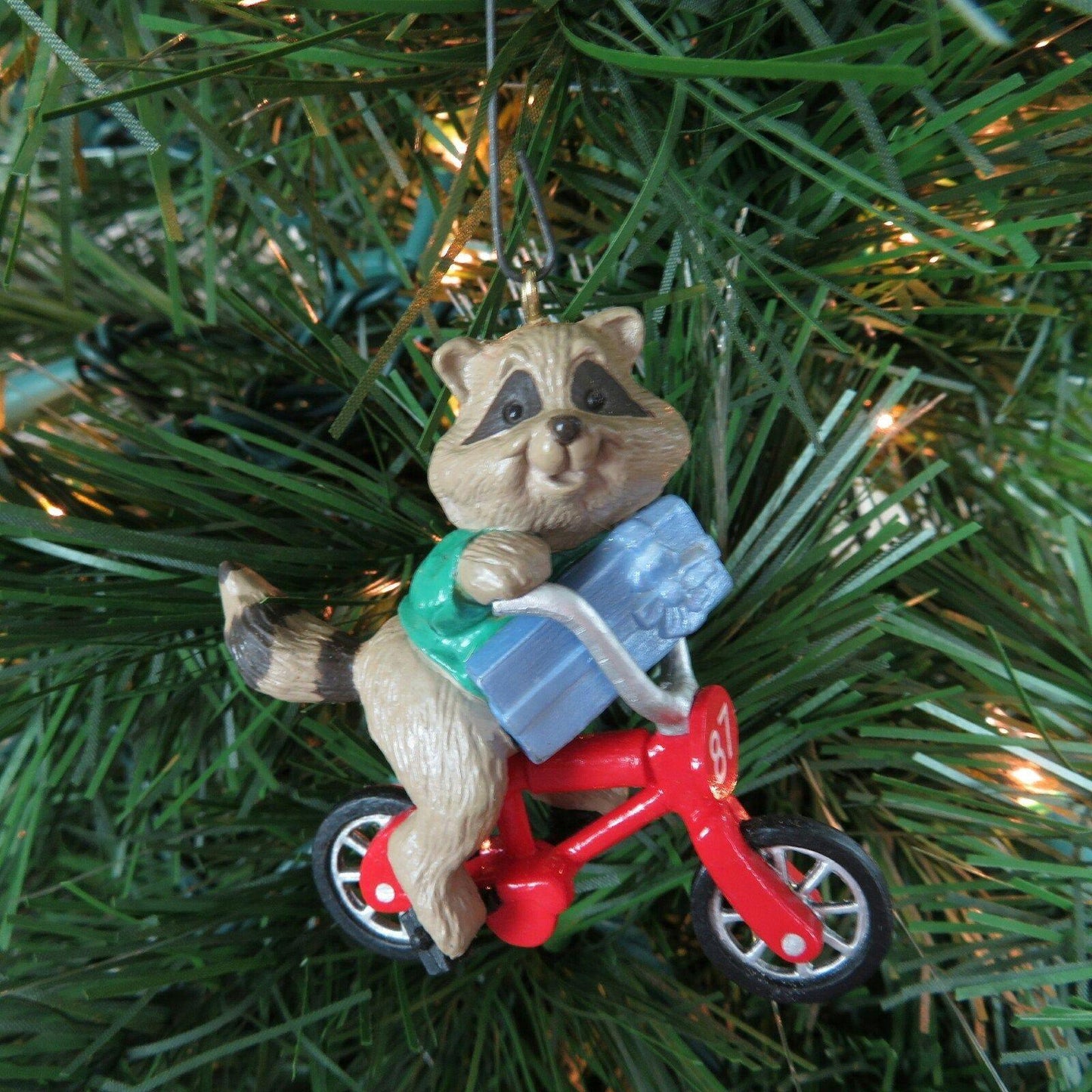 Vintage Raccoon Biker Ornament Hallmark Bicycle Boy Christmas Red 1987 Keepsake