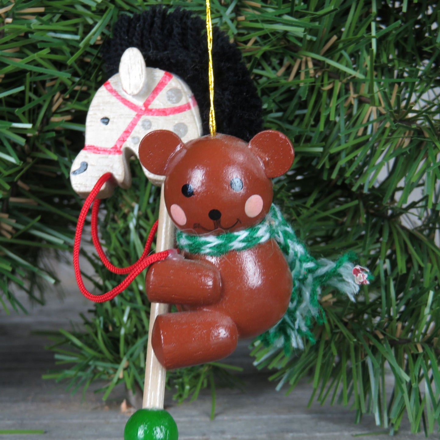 Vintage Bear on Wooden Hobby Stick Horse Ornament White Christmas Pony Scarf