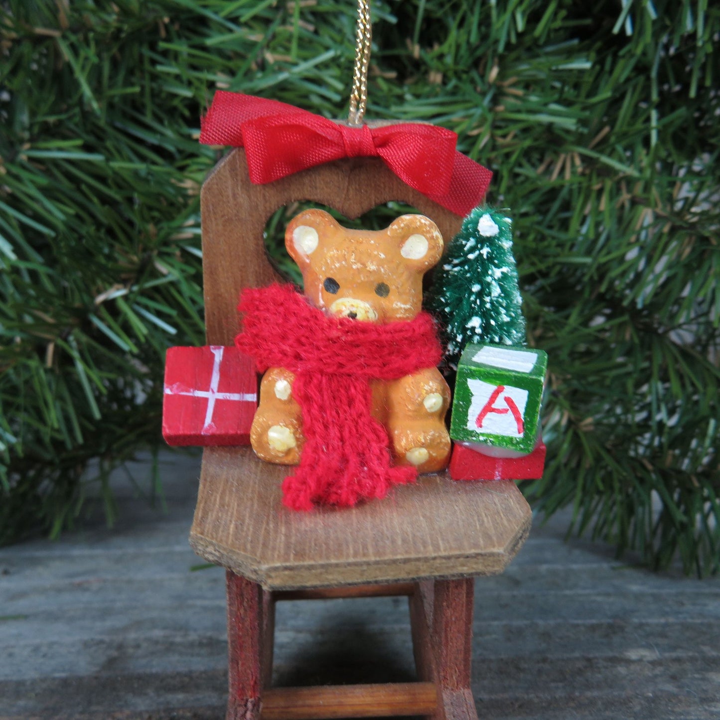 Vintage Wood Rocking Chair Ornament Teddy Bear Bottle Brush Tree Wooden Christmas