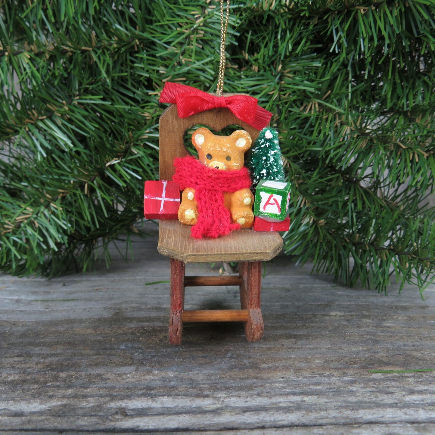 Vintage Wood Rocking Chair Ornament Teddy Bear Bottle Brush Tree Wooden Christmas