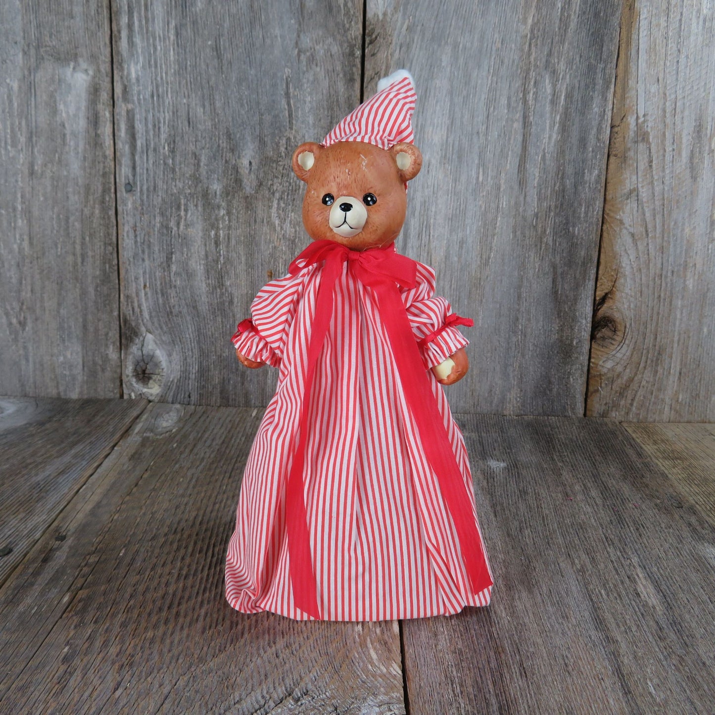 Vintage Teddy Bear in Pajamas Tree Topper Christmas Around the World Nightgown Sleeping Cap Bisque Ceramic Head Red White Striped