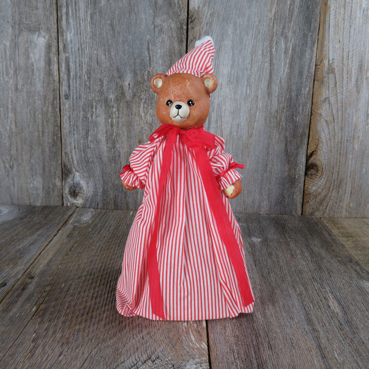 Vintage Teddy Bear in Pajamas Tree Topper Christmas Around the World Nightgown Sleeping Cap Bisque Ceramic Head Red White Striped