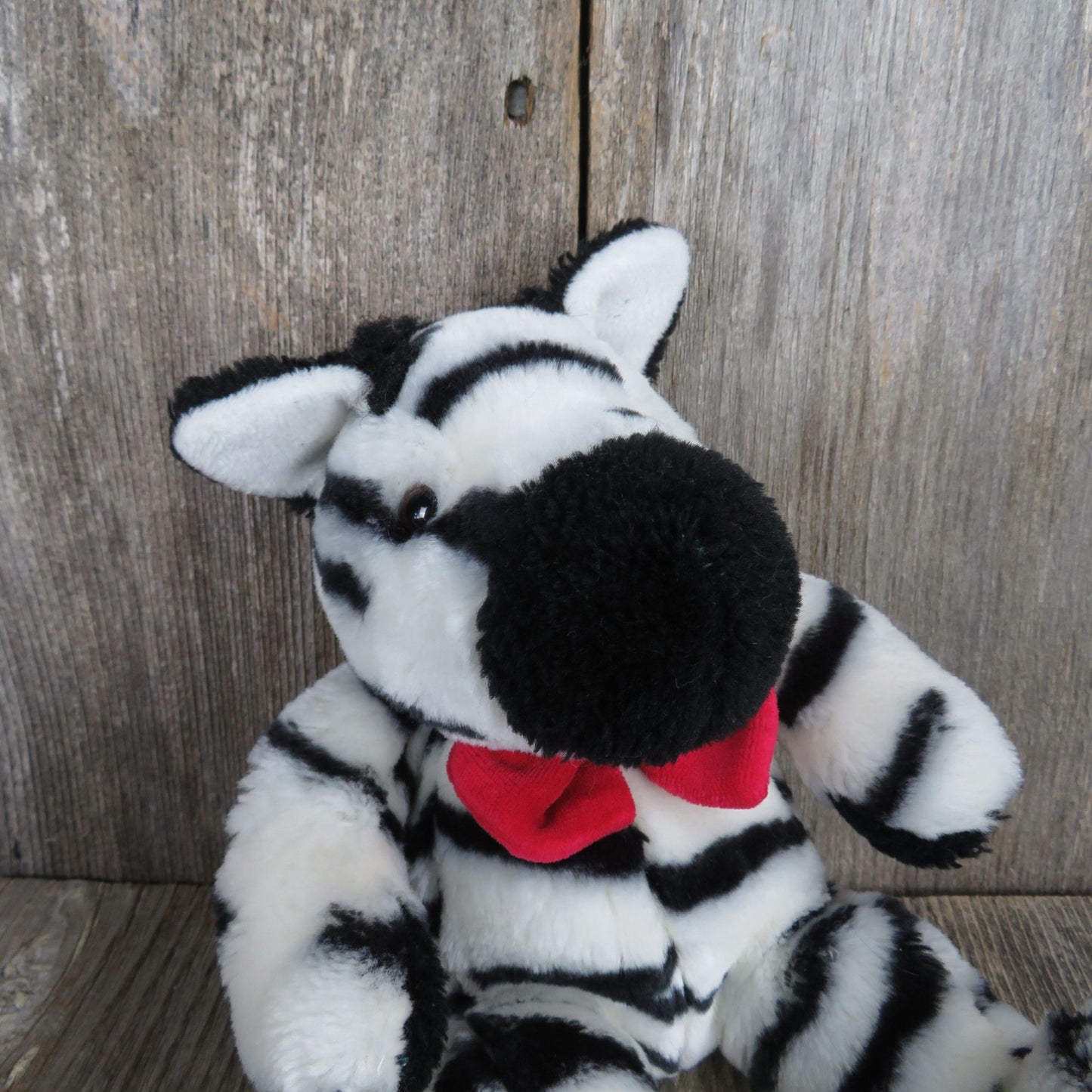 Vintage Zebra with Red Bowtie Plush Sitting PBC International Stuffed Animal Black and White