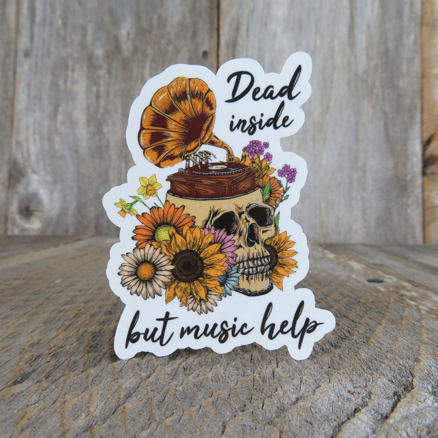 Dead Inside But Music Helps Sticker Skull Flowers Depression Waterproof Laptop Sticker