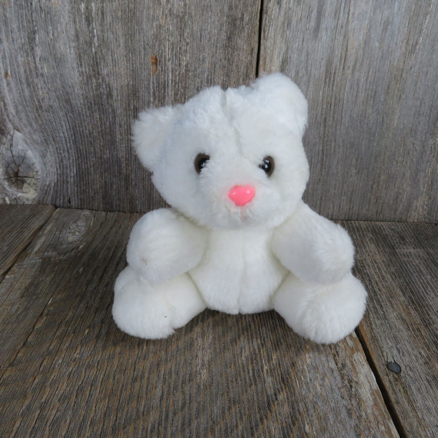Vintage Small White Teddy Bear Plush With Plastic Pink Nose Sitting Stuffed Animal