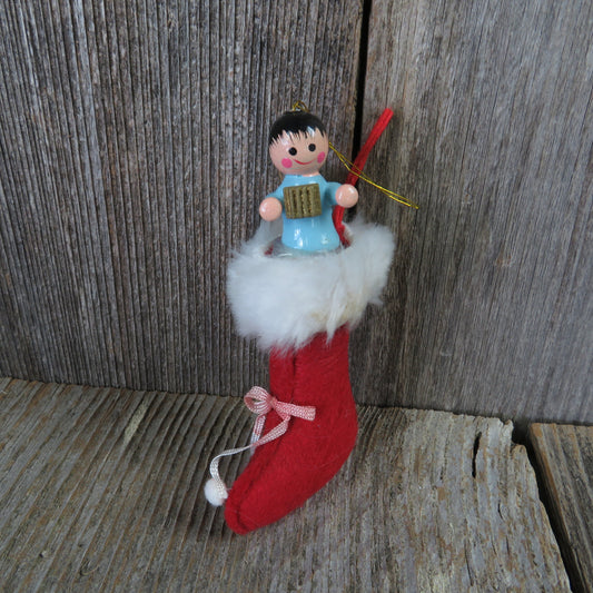 Vintage Wood Angel in Stocking Ornament Blue Dress Red Fur Lined Wooden Christmas