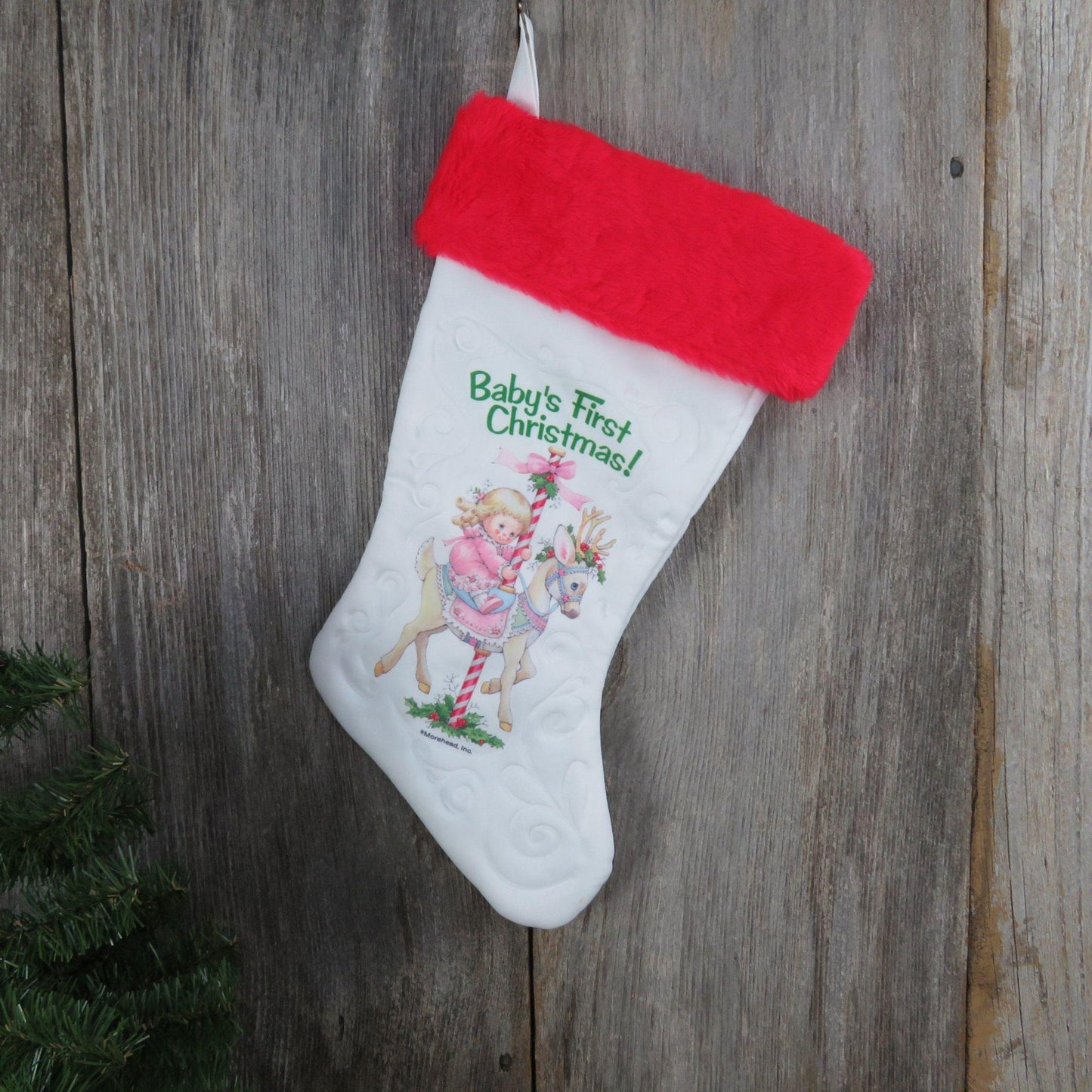 Vintage Baby's First Christmas Stocking Morehead Girl Doll on Carousel Reindeer Satin Pink Blue Candy Cane Stripes