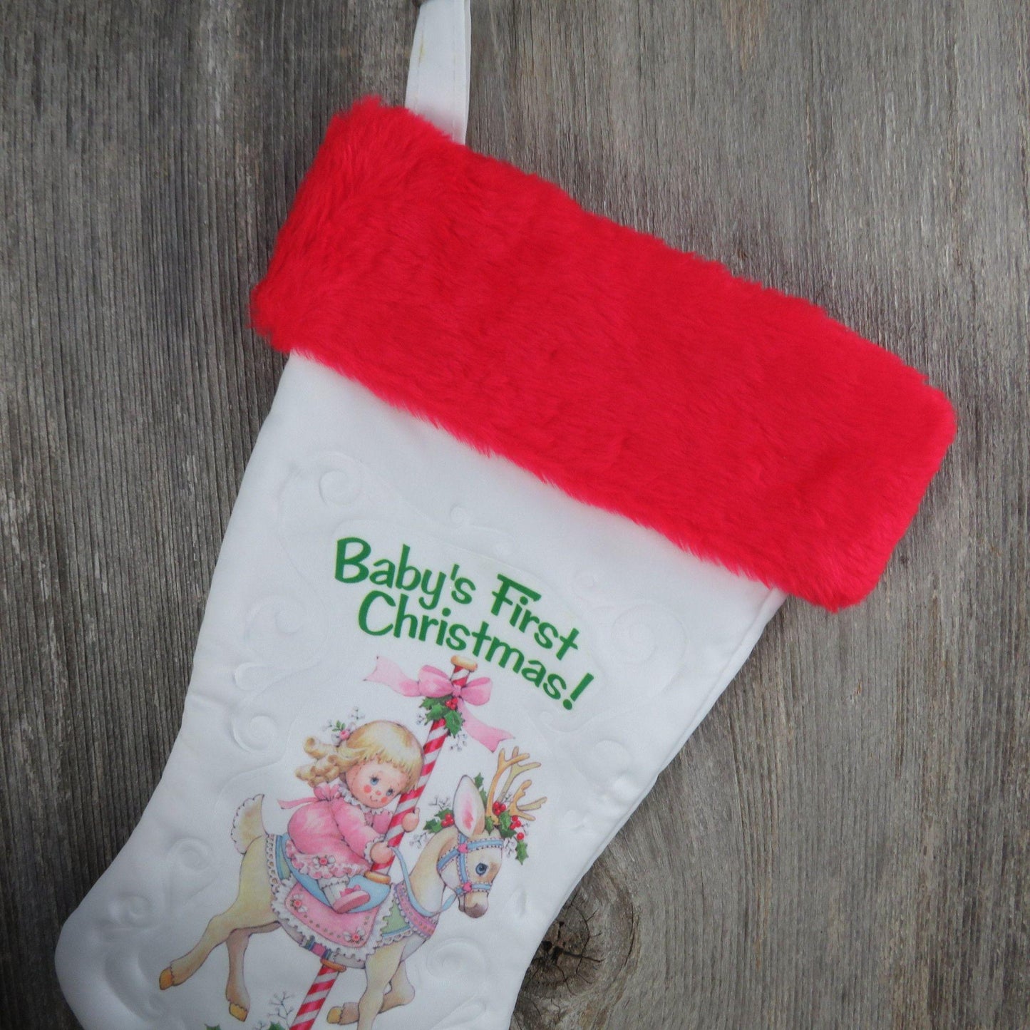 Vintage Baby's First Christmas Stocking Morehead Girl Doll on Carousel Reindeer Satin Pink Blue Candy Cane Stripes