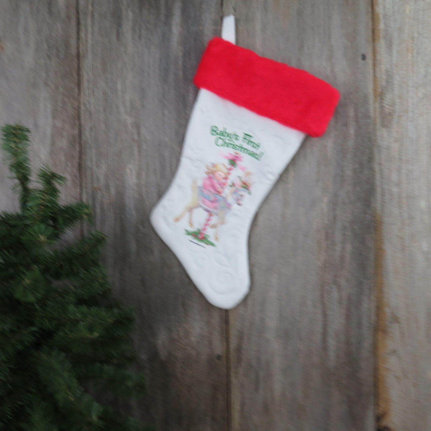 Vintage Baby's First Christmas Stocking Morehead Girl Doll on Carousel Reindeer Satin Pink Blue Candy Cane Stripes