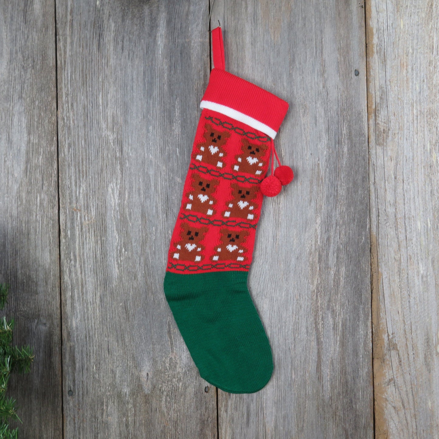 Vintage Teddy Bear Knit Stocking Christmas Brown Bear with Heart Knitted Red Green Pom Pom