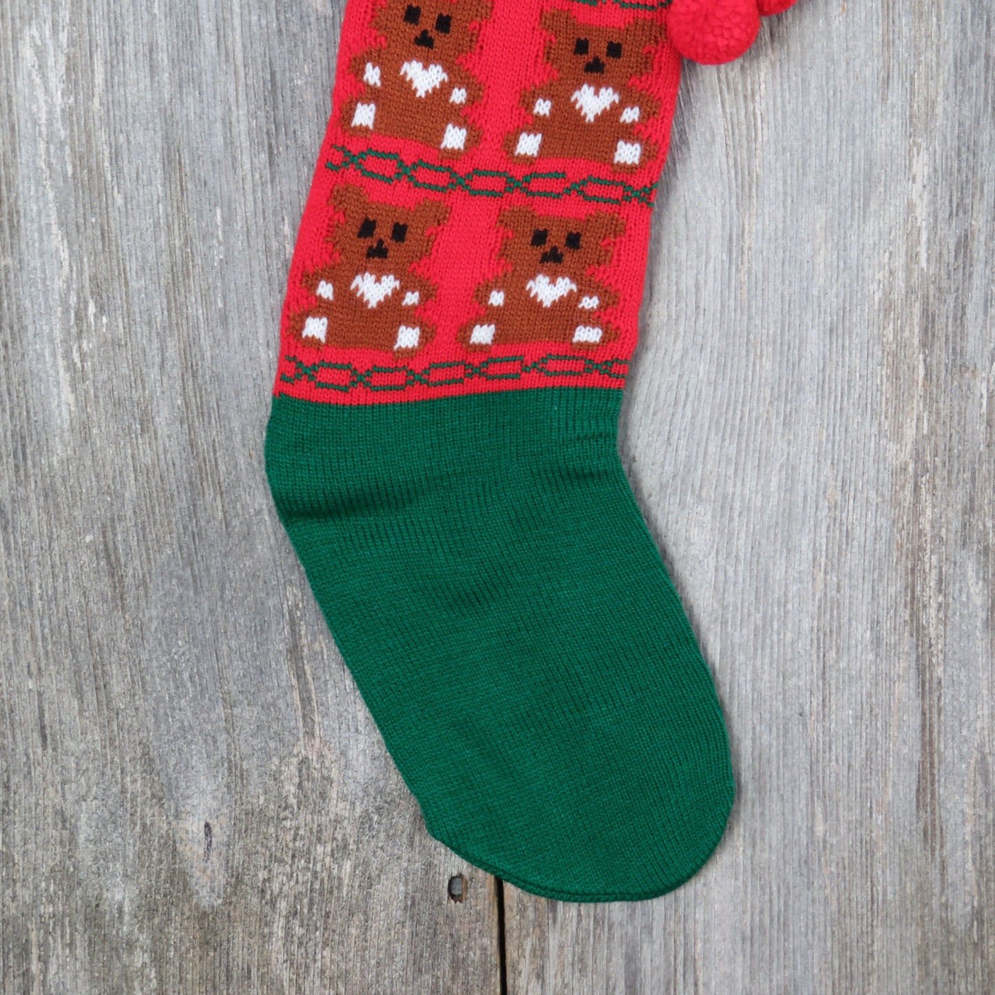 Vintage Teddy Bear Knit Stocking Christmas Brown Bear with Heart Knitted Red Green Pom Pom