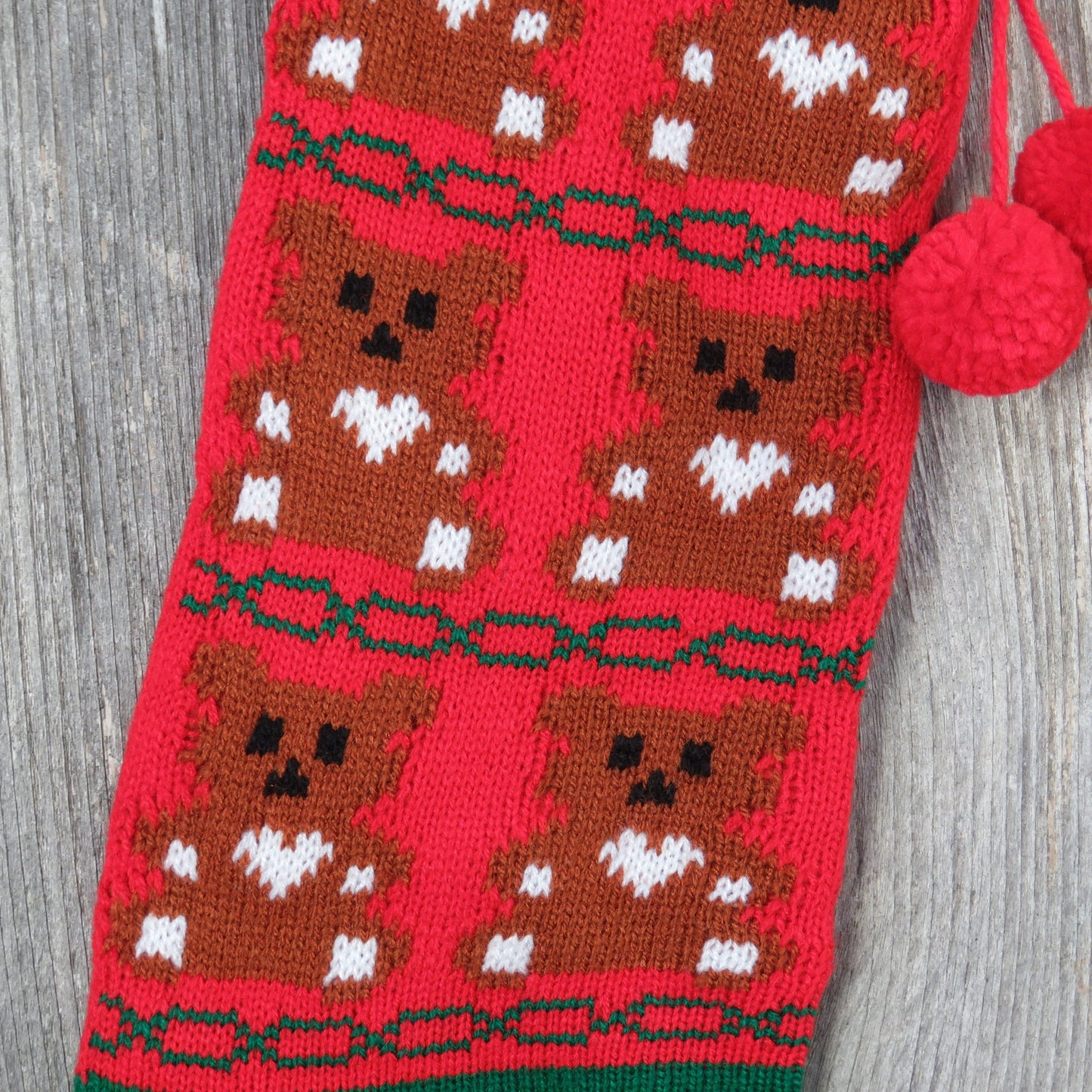 Vintage Teddy Bear Knit Stocking Christmas Brown Bear with Heart Knitted Red Green Pom Pom