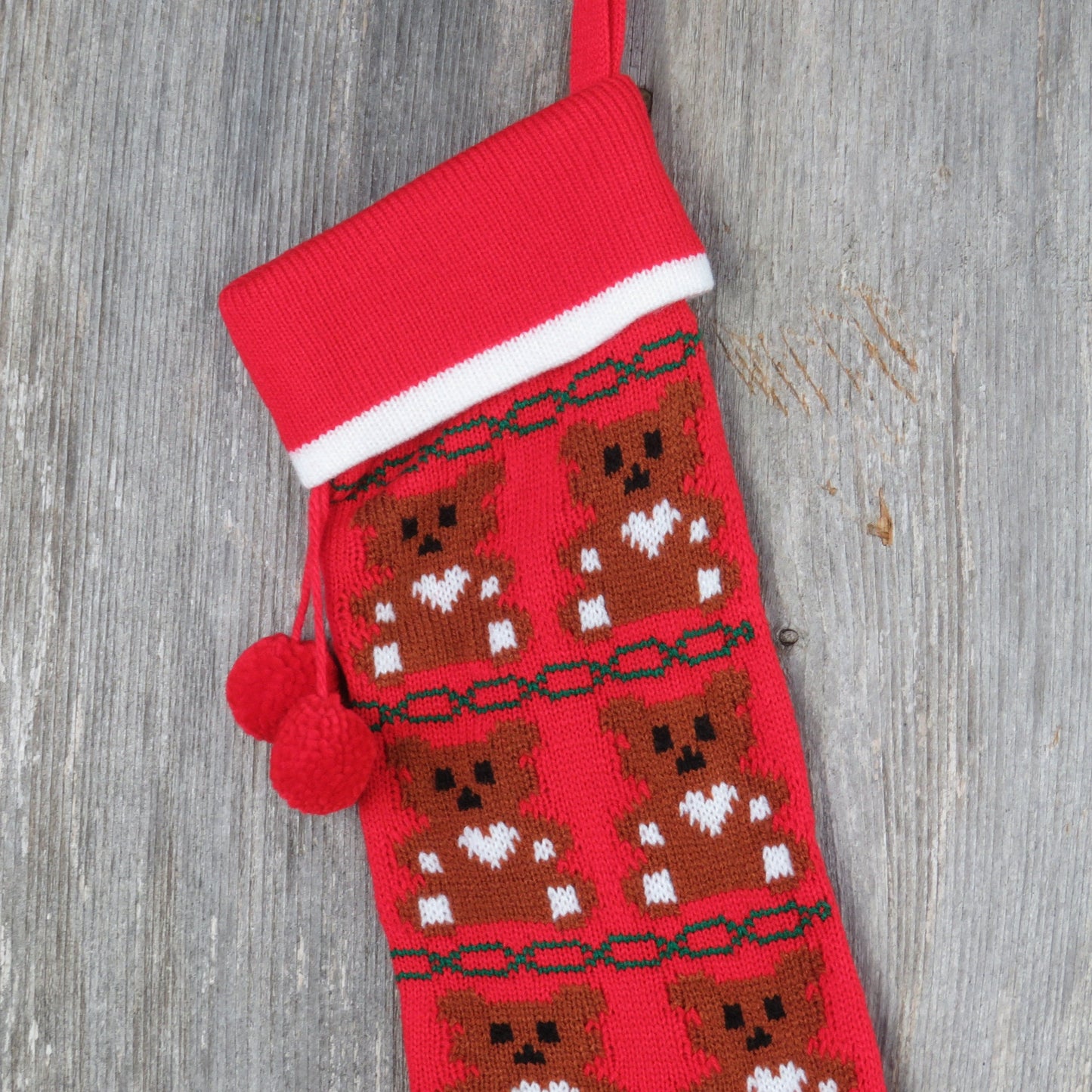 Vintage Teddy Bear Knit Stocking Christmas Brown Bear with Heart Knitted Red Green Pom Pom