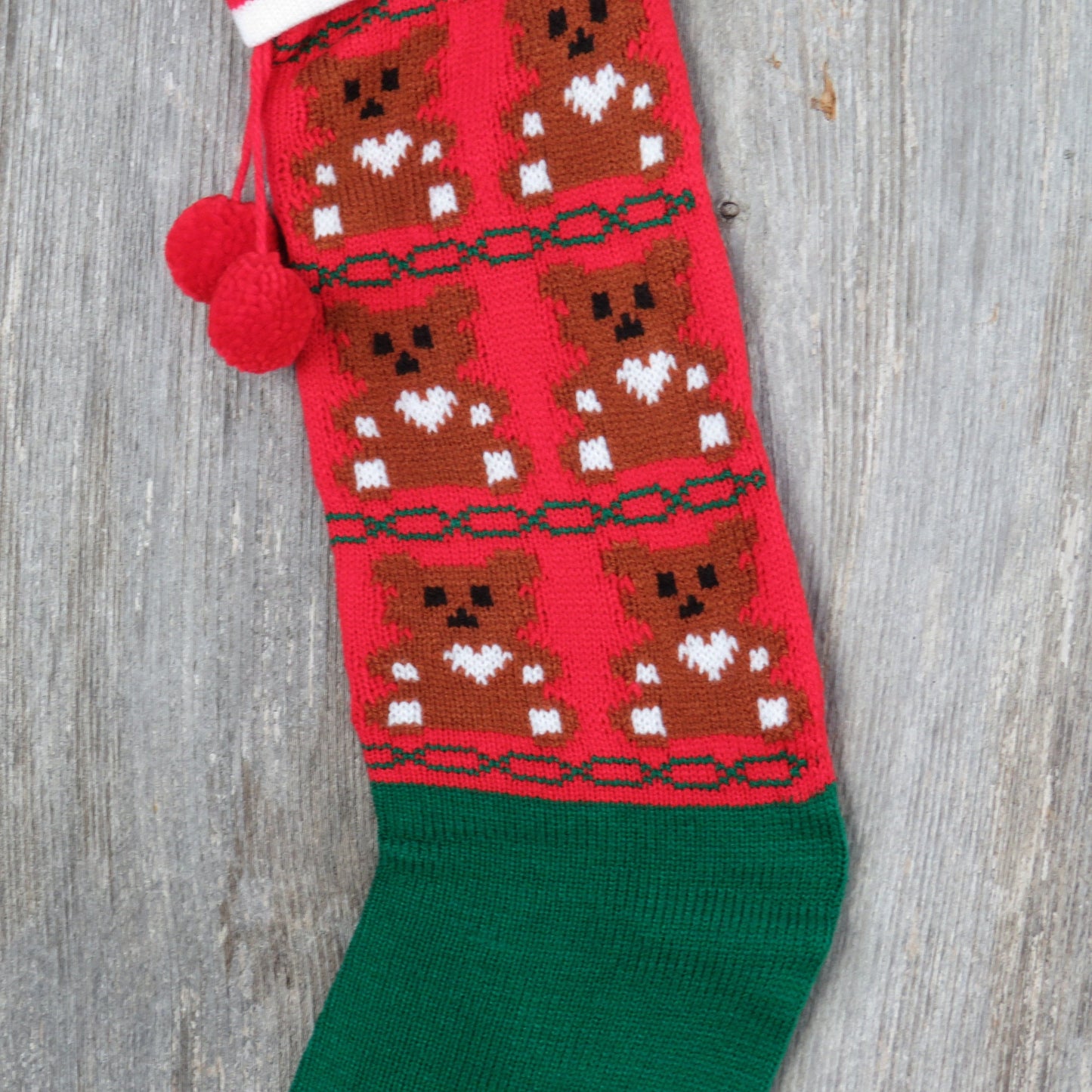 Vintage Teddy Bear Knit Stocking Christmas Brown Bear with Heart Knitted Red Green Pom Pom