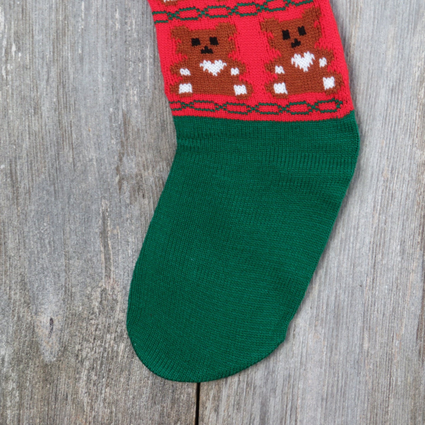 Vintage Teddy Bear Knit Stocking Christmas Brown Bear with Heart Knitted Red Green Pom Pom