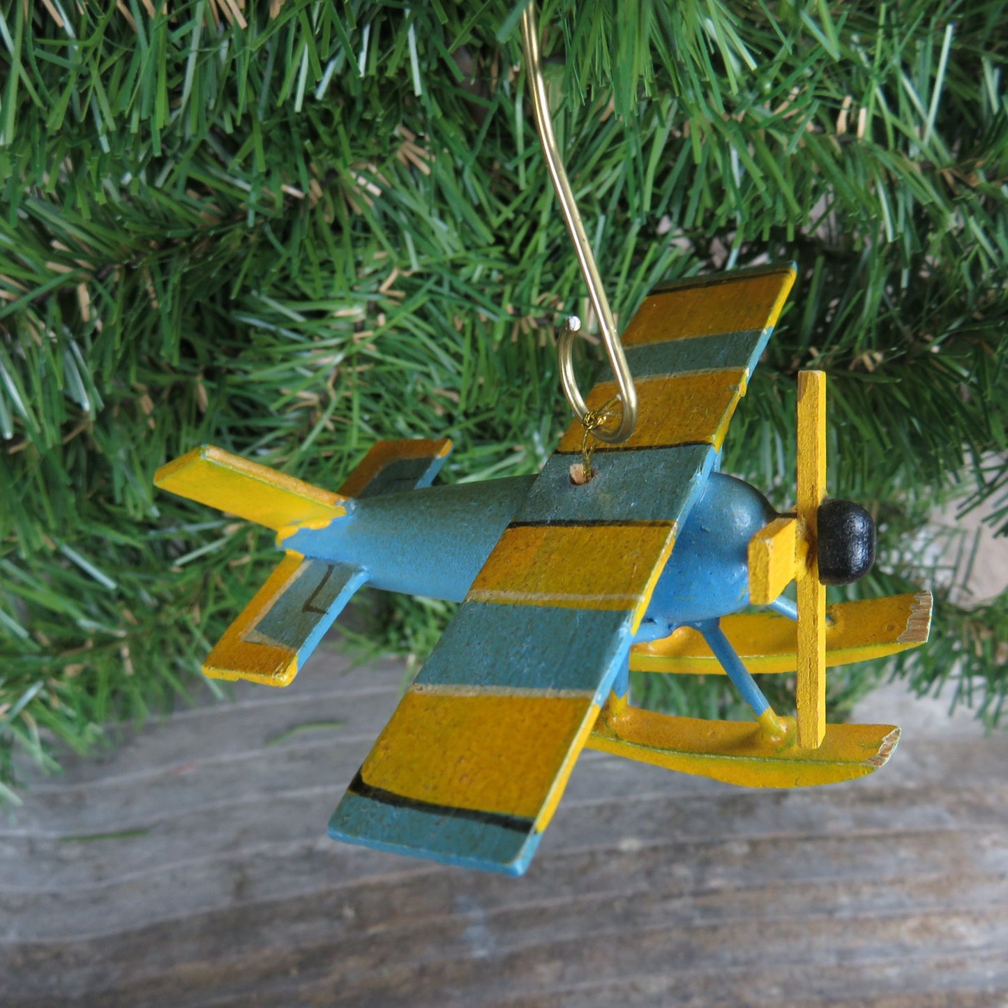 Vintage Blue and Yellow Airplane Ornament Wooden Seaplane Biplane Christmas Ornament