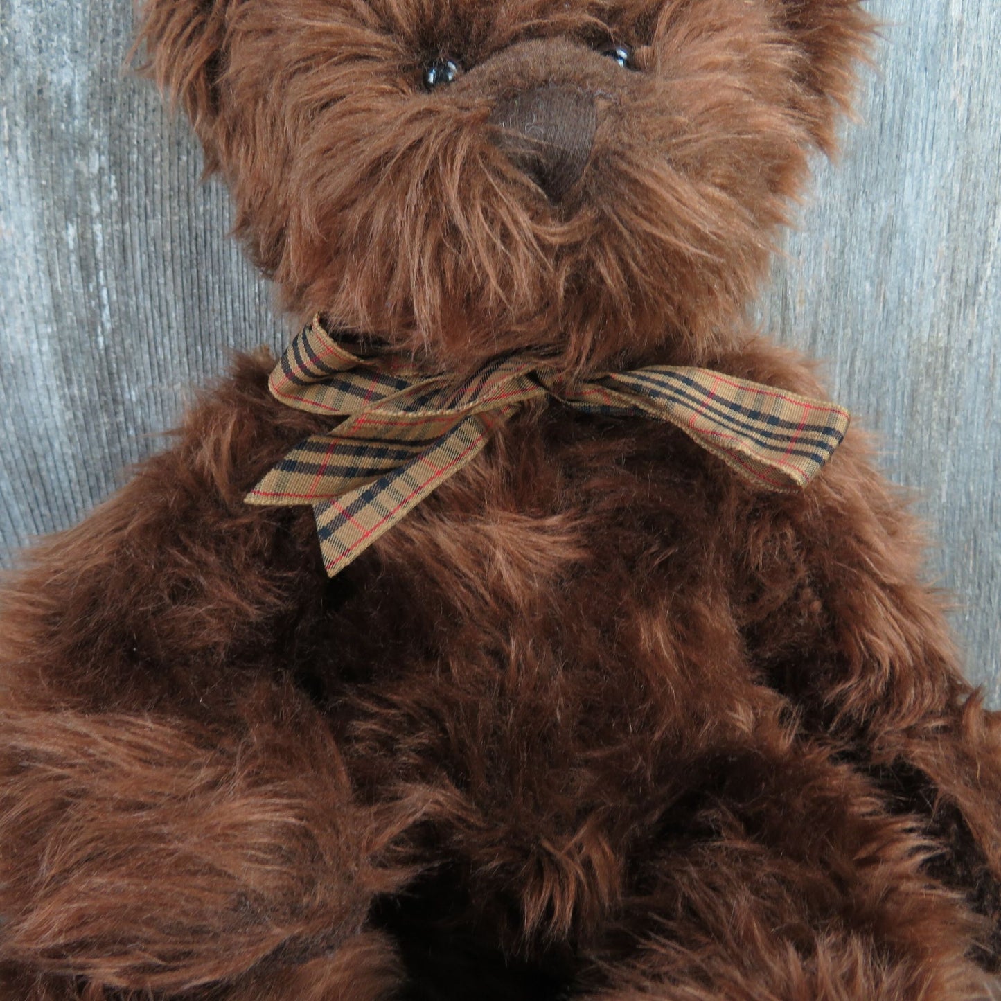 Vintage Teddy Bear Shaggy Plush Beresford Russ Stuffed Animal Brown Plaid Bow Stitched Nose