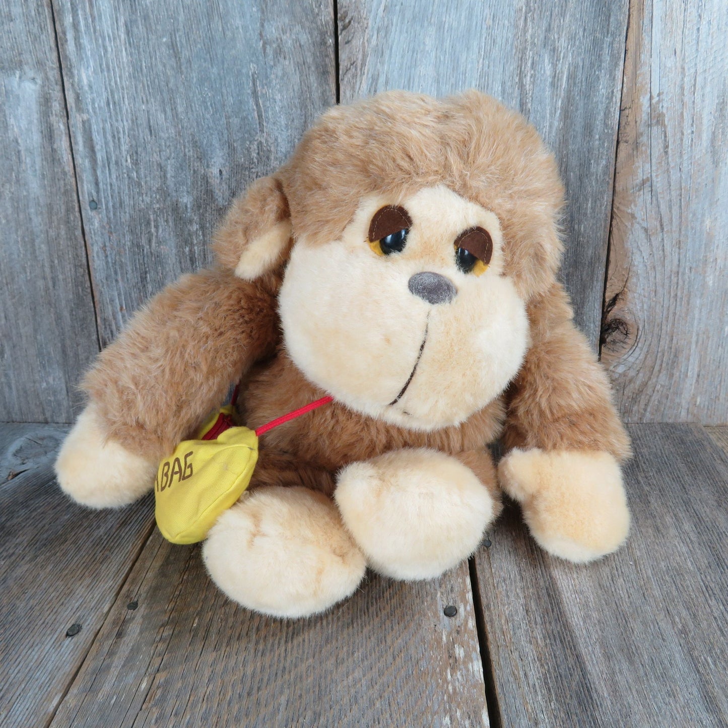 Vintage Monkey with Banana Bag Plush Brown Gorilla Ape Rattle Tail Sad Eyes Stuffed Animal