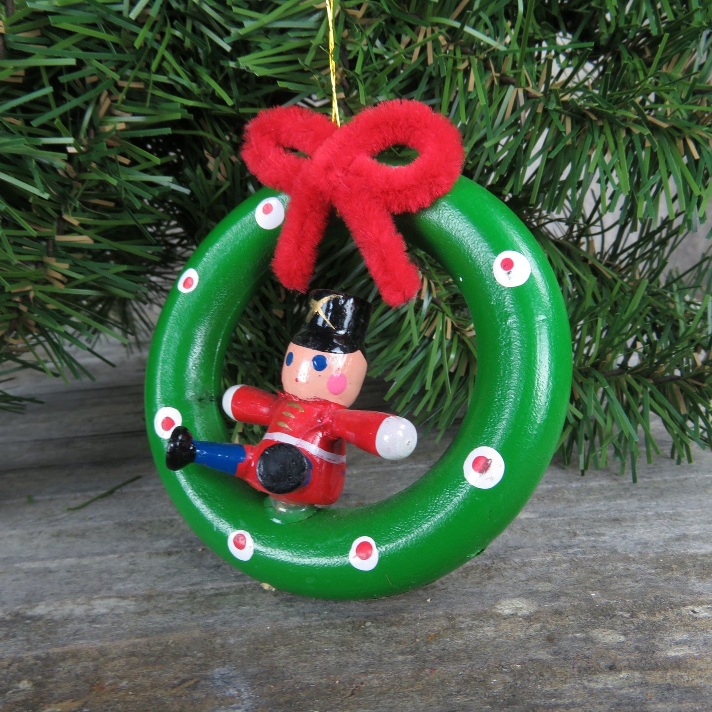 Vintage Wood Toy Soldier Wreath Ornament Pipe Cleaner Bow Wooden Christmas