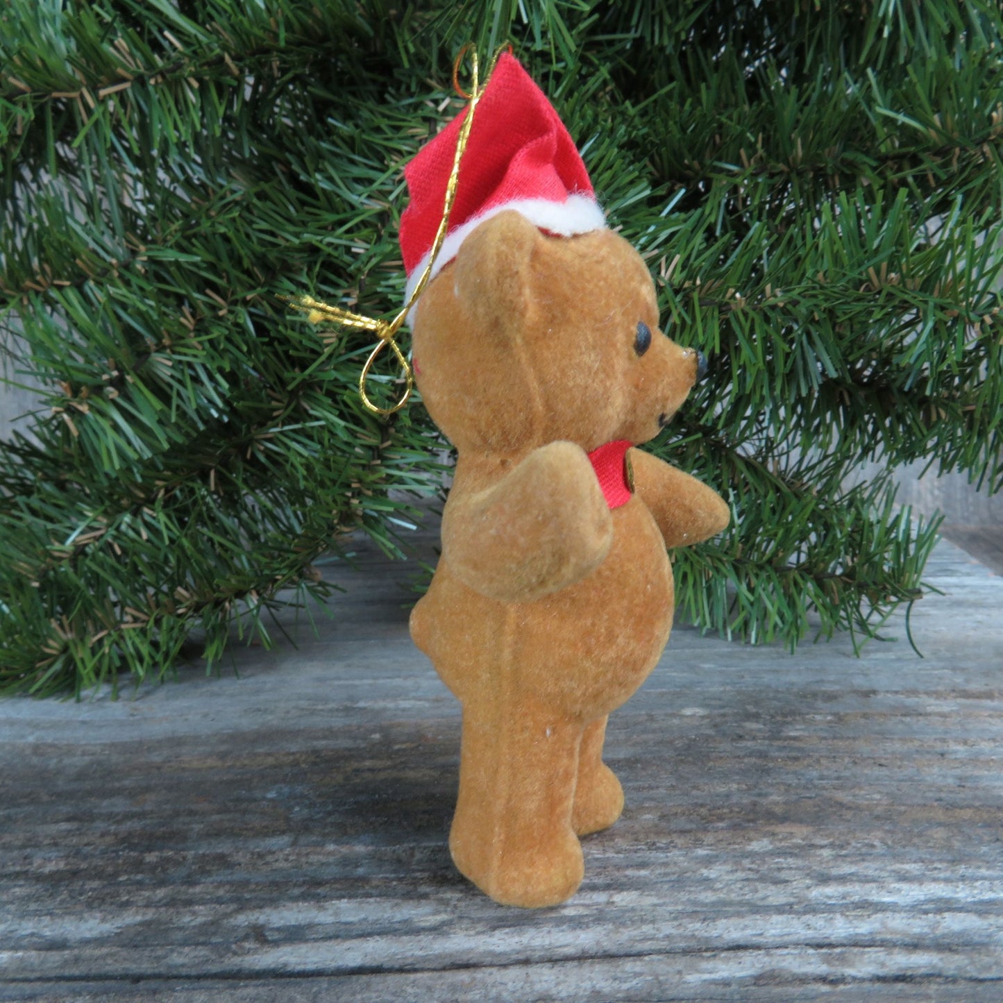 Vintage Flocked Bear Ornament Christmas Santa Hat Brown