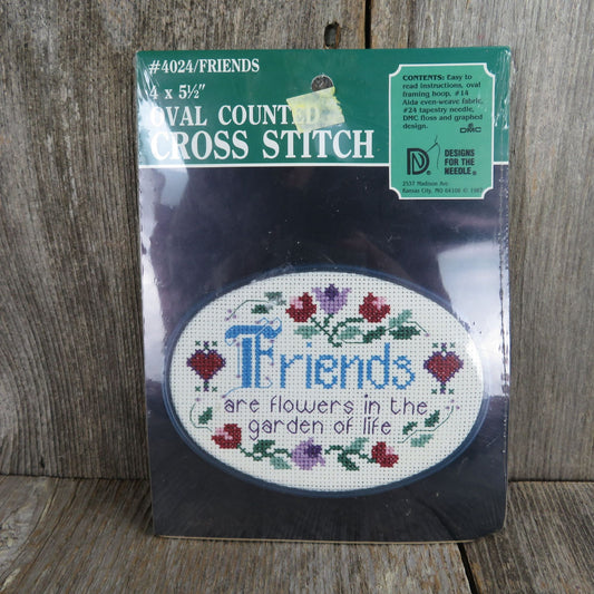 Vintage Counted Cross Stitch Kit Friends are Flowers 4024 Designs for the Needle 1987 Oval