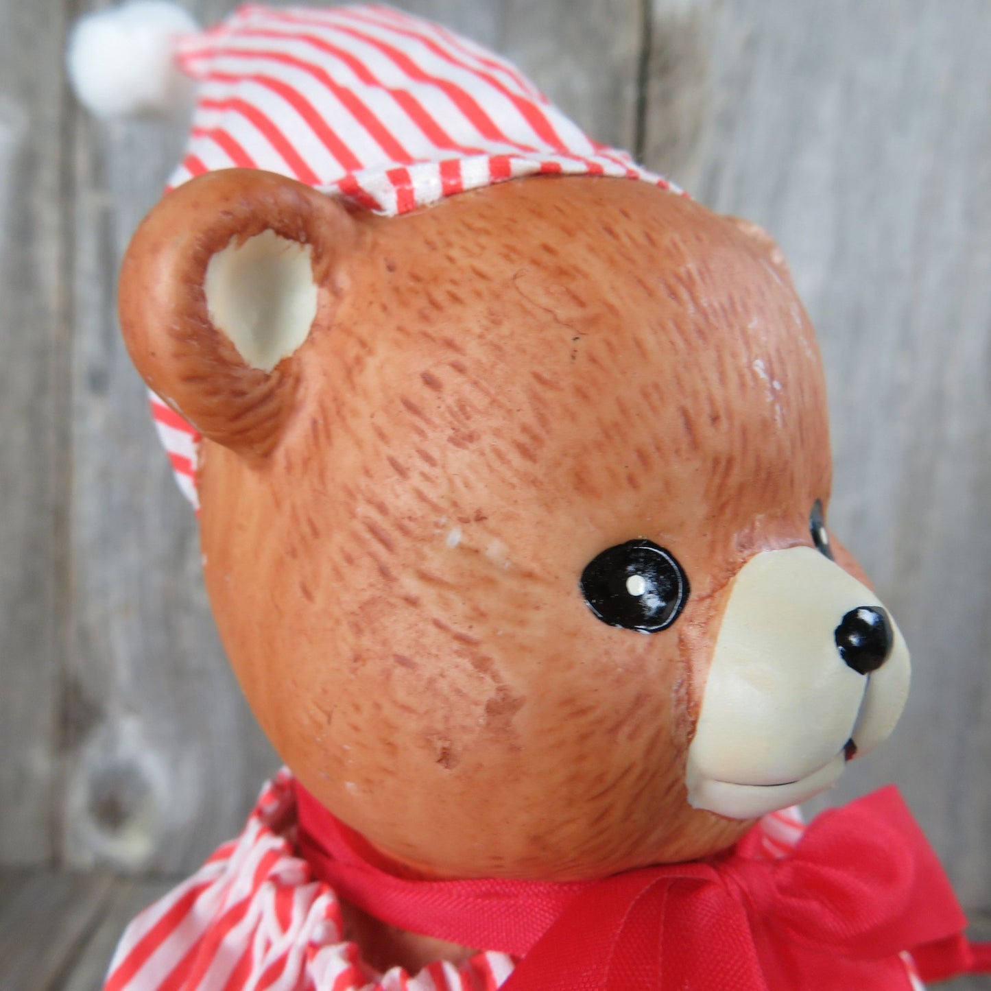 Vintage Teddy Bear in Pajamas Tree Topper Christmas Around the World Nightgown Sleeping Cap Bisque Ceramic Head Red White Striped