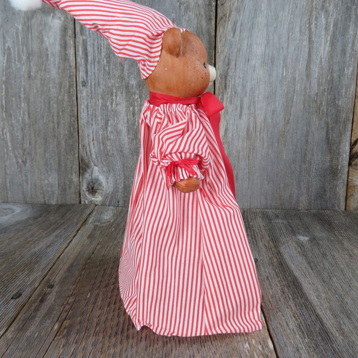 Vintage Teddy Bear in Pajamas Tree Topper Christmas Around the World Nightgown Sleeping Cap Bisque Ceramic Head Red White Striped