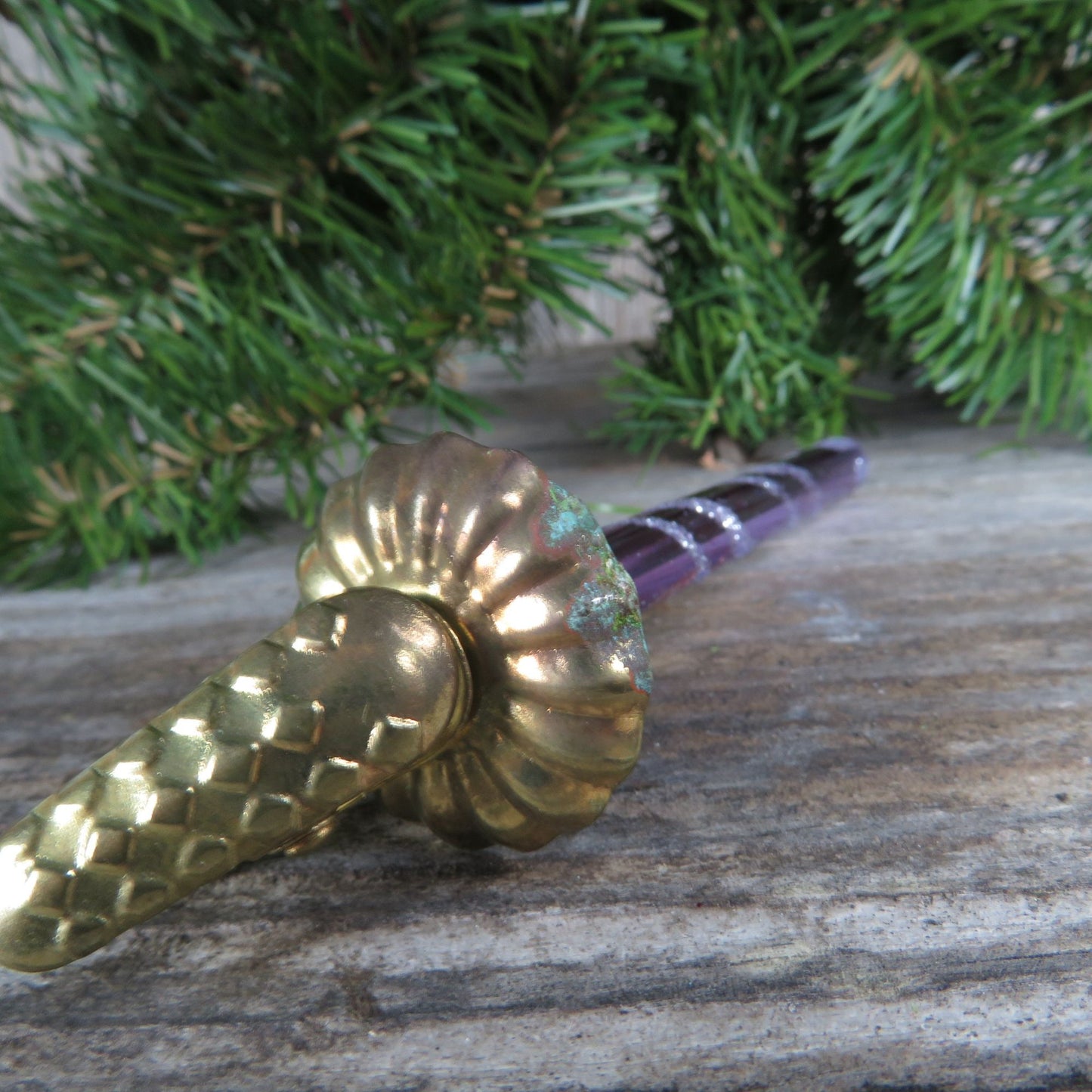 Purple Striped Candle Clip Ornament Vintage Glass Silver Glitter Christmas Tree