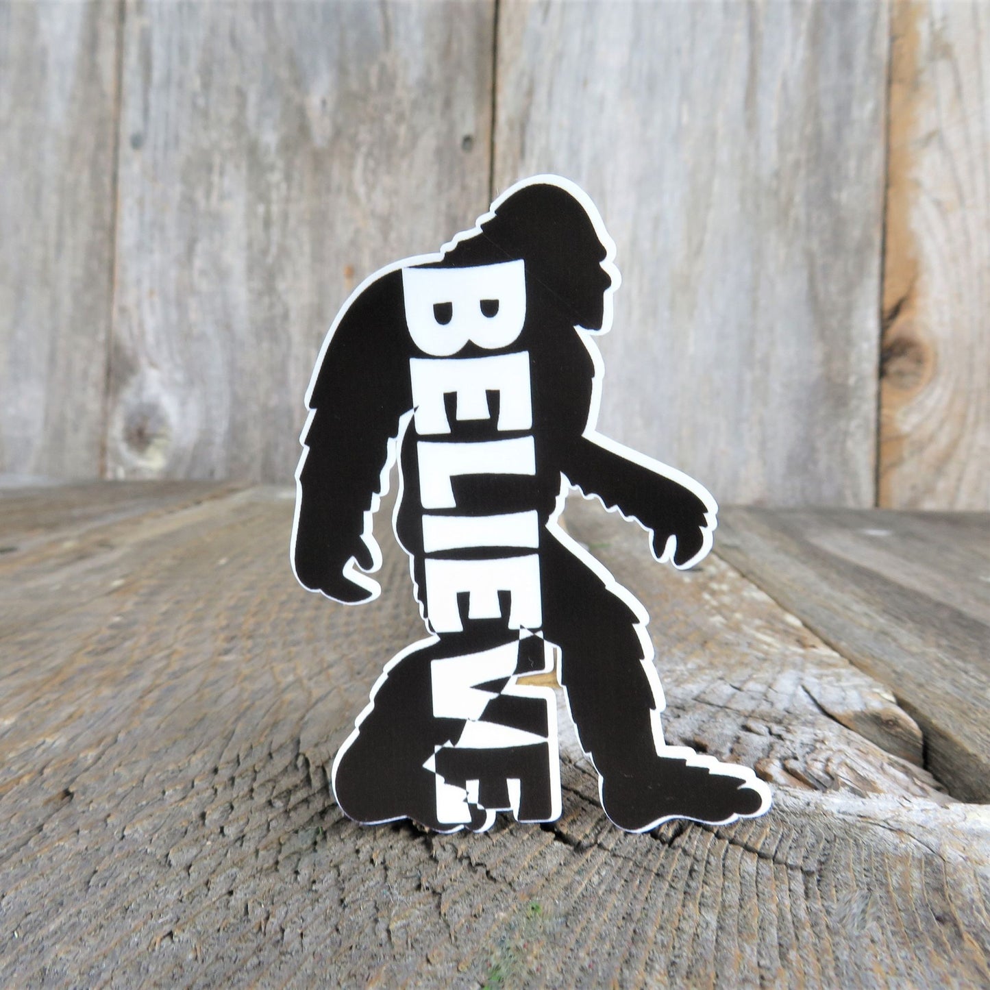 Believe in Bigfoot Sticker Black White Word Down Body Outdoors Waterproof Water Bottle Laptop Sticker