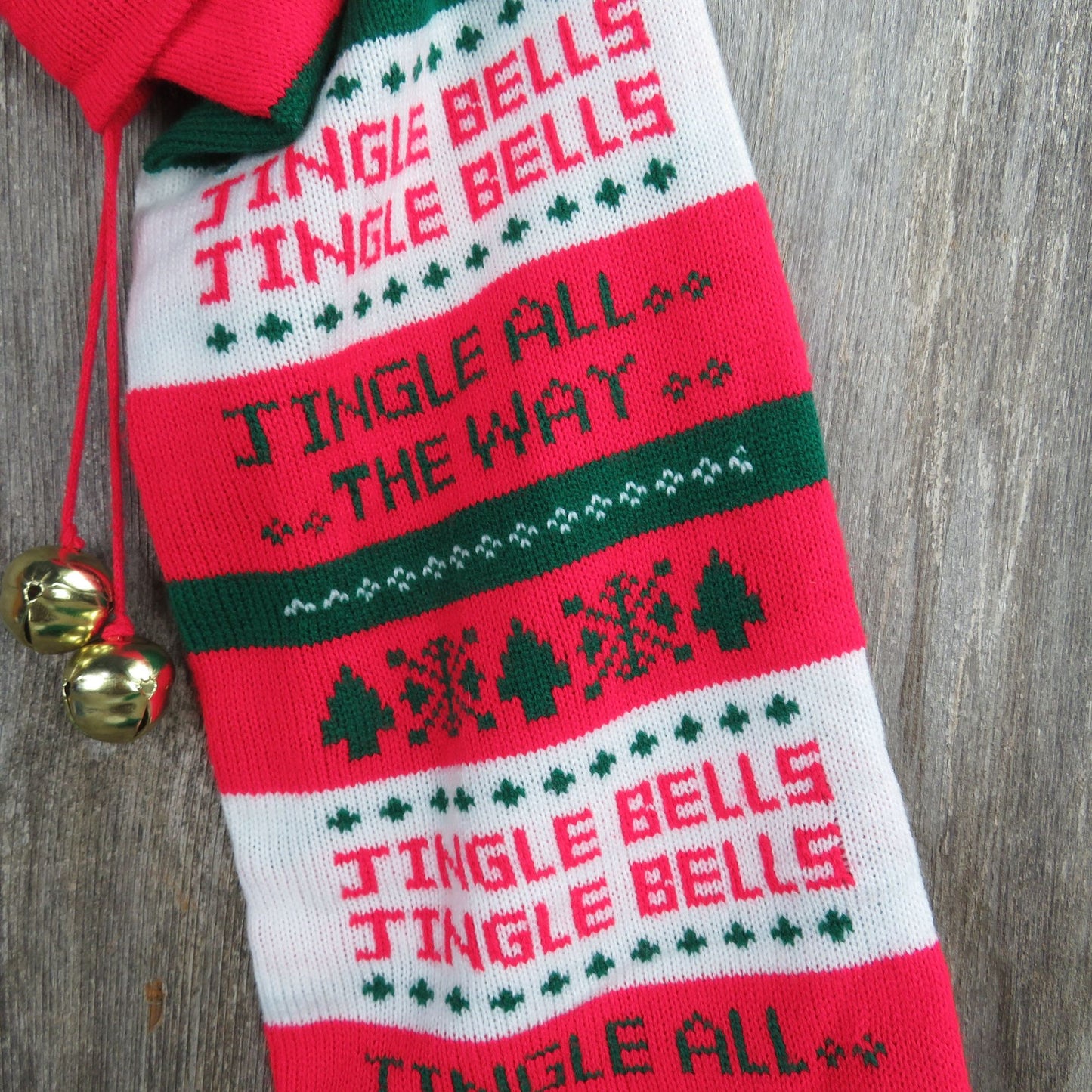 Vintage Jingle Bells Knit Stocking Extra Large Striped Jingle All The Way Huge Red Green St377