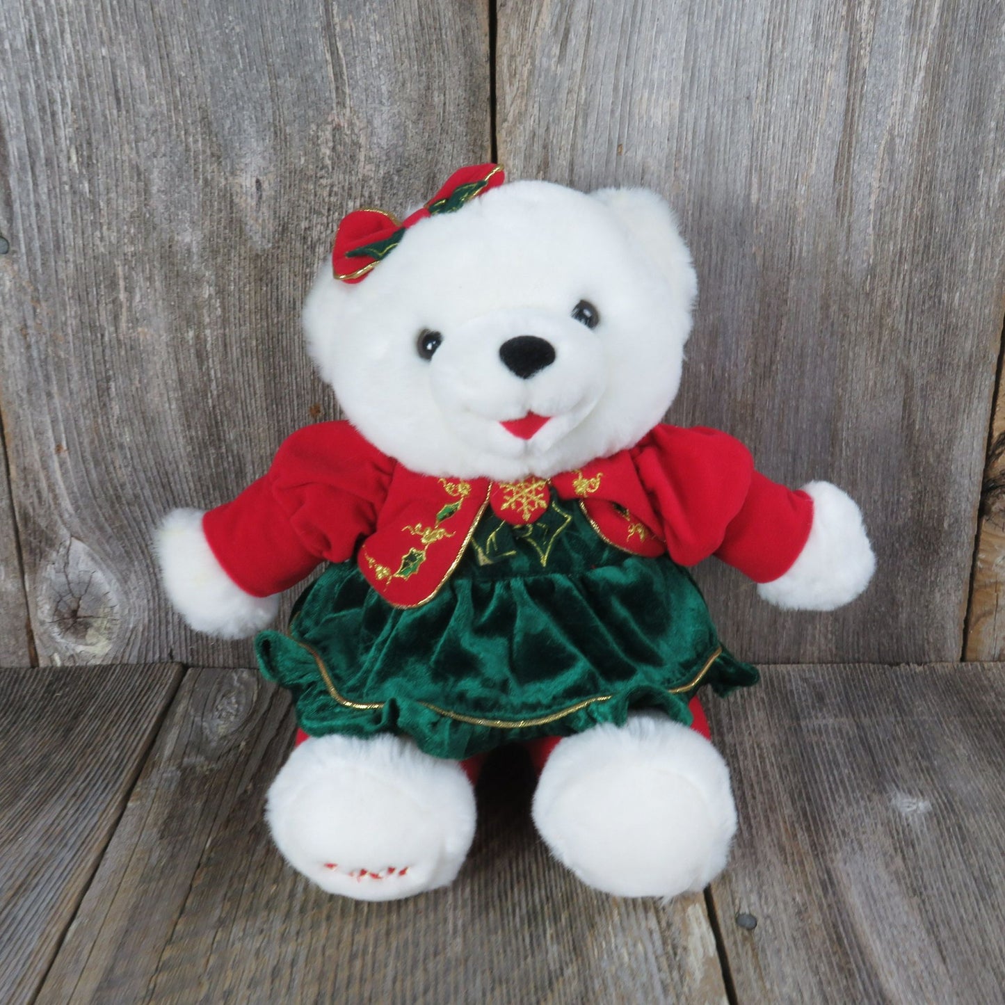 Vintage White Christmas Bear Plush Snowflake Holiday Girl Green Red Dress and Bow Stuffed Animal Velveteen Holly 2001