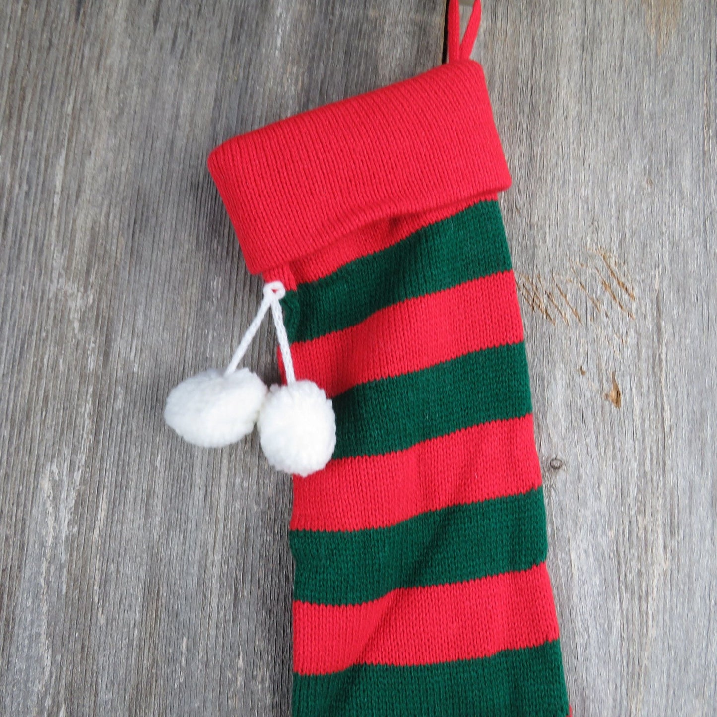 Vintage Knit Striped Christmas Stocking Red Green Stripes Knitted 1980s