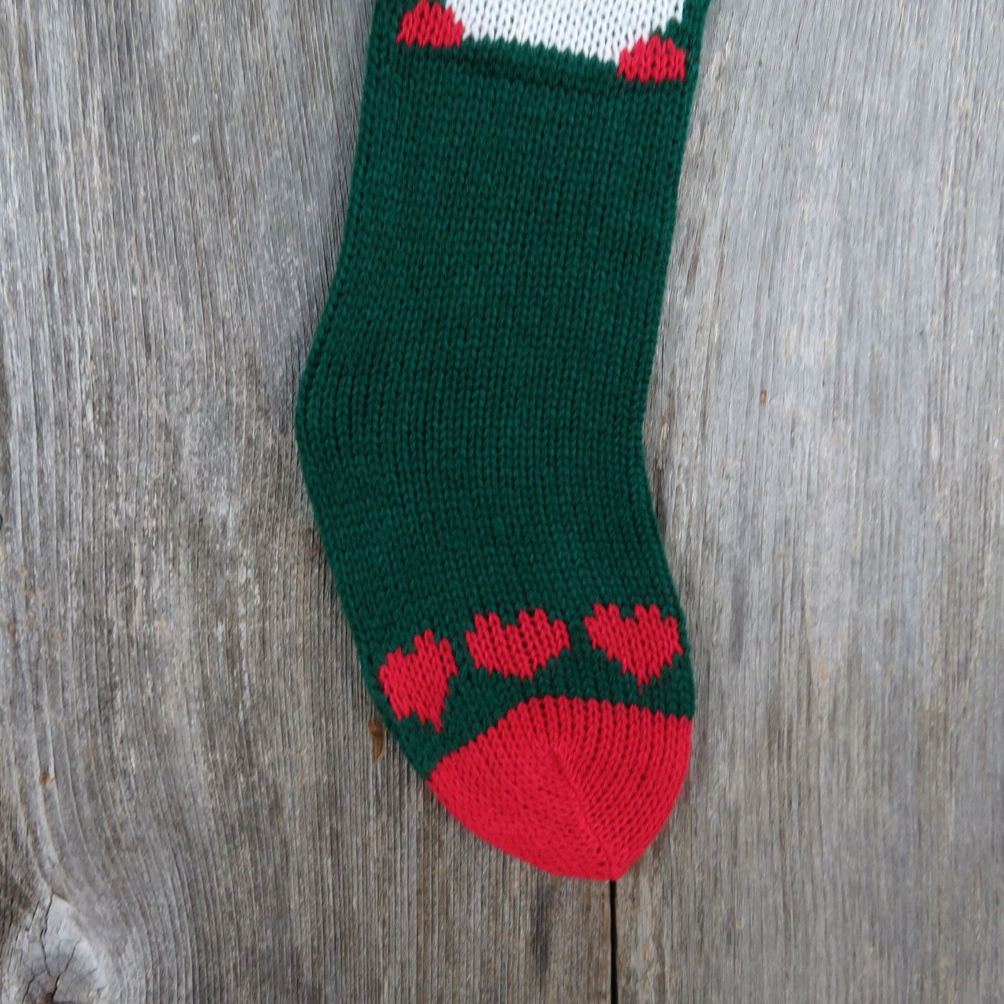 Vintage Chunky Knit Snowman Stocking Christmas Green Red Hearts