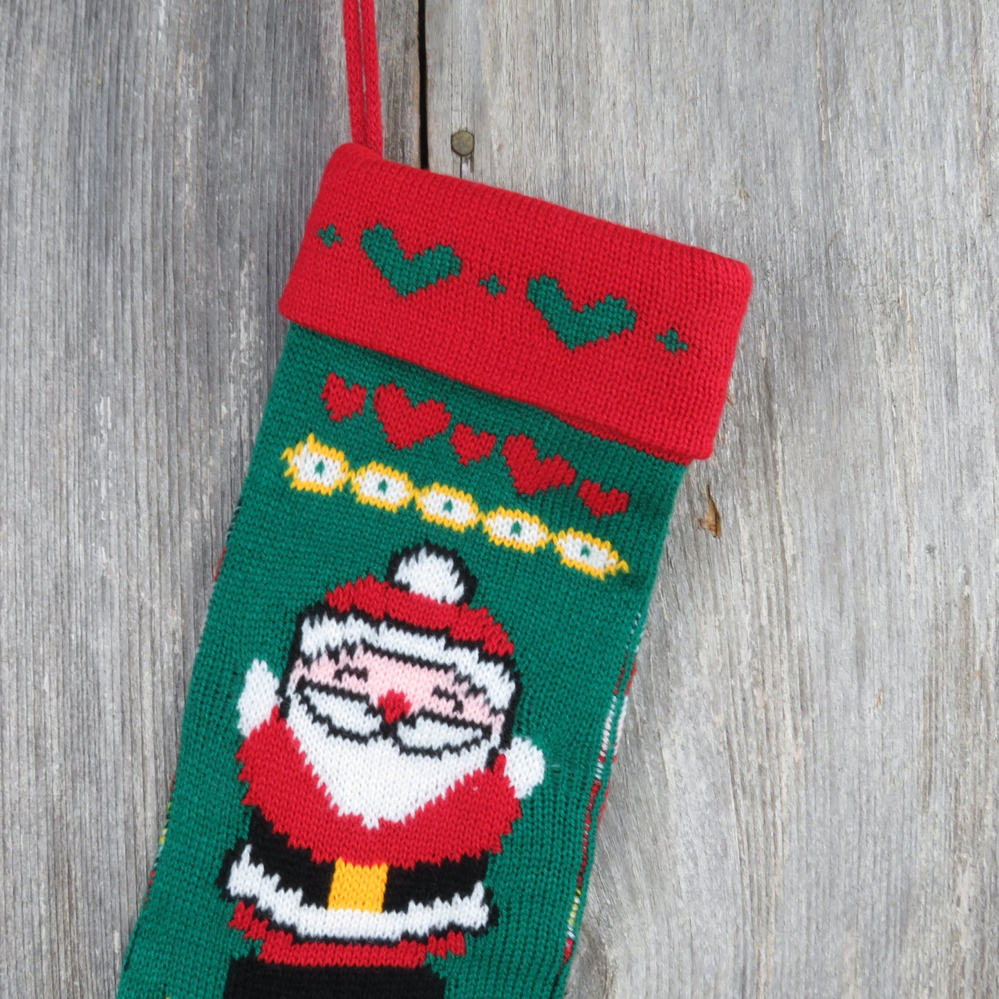 Vintage Santa Claus Knit Stocking Papel Hearts Christmas Cream Red White Green Taiwan