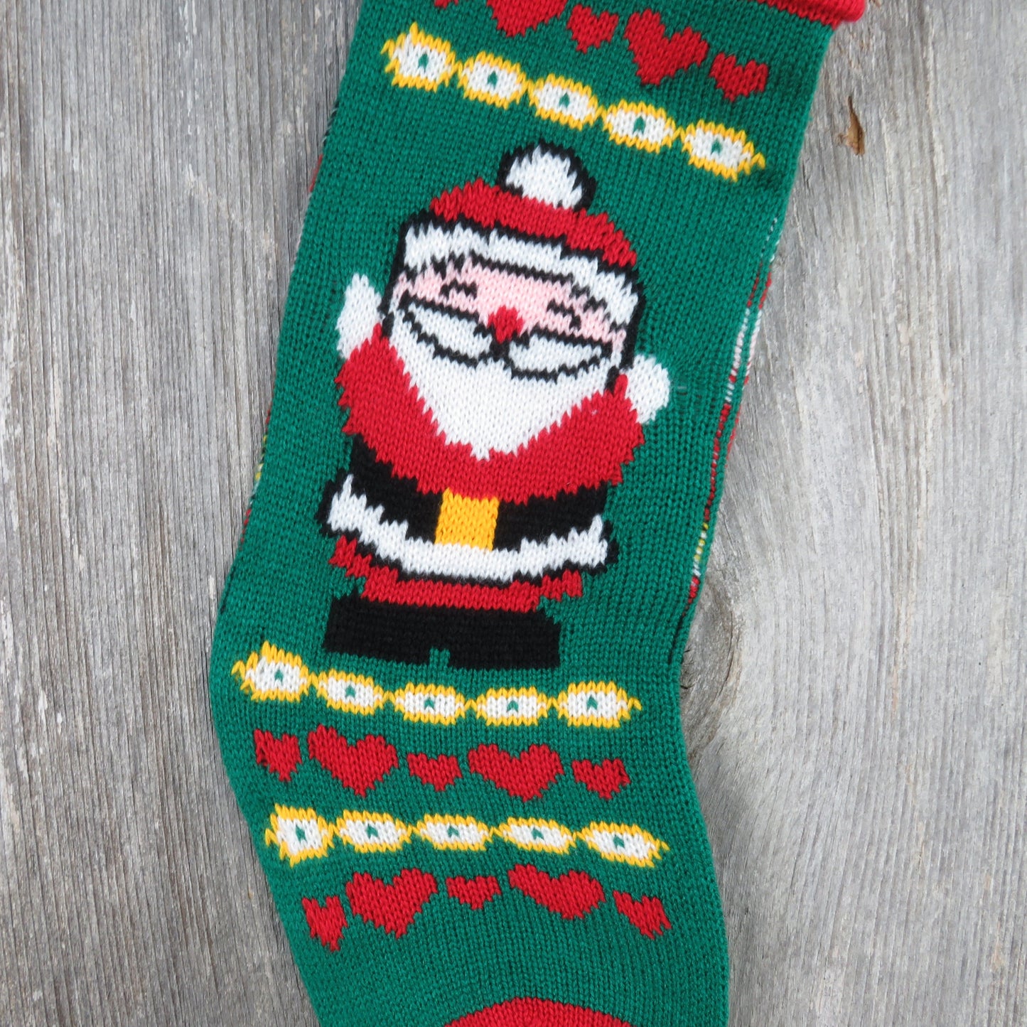 Vintage Santa Claus Knit Stocking Papel Hearts Christmas Cream Red White Green Taiwan