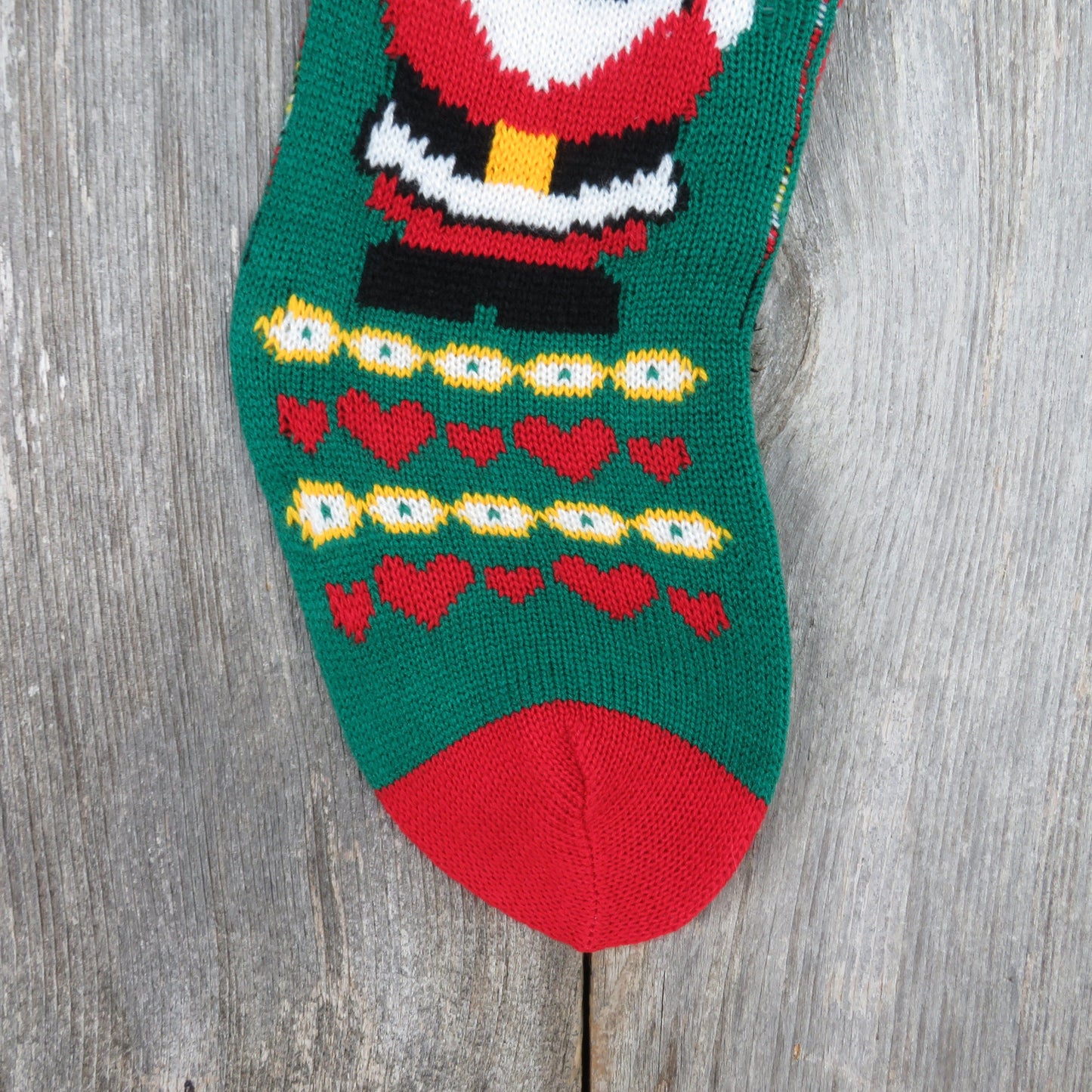 Vintage Santa Claus Knit Stocking Papel Hearts Christmas Cream Red White Green Taiwan