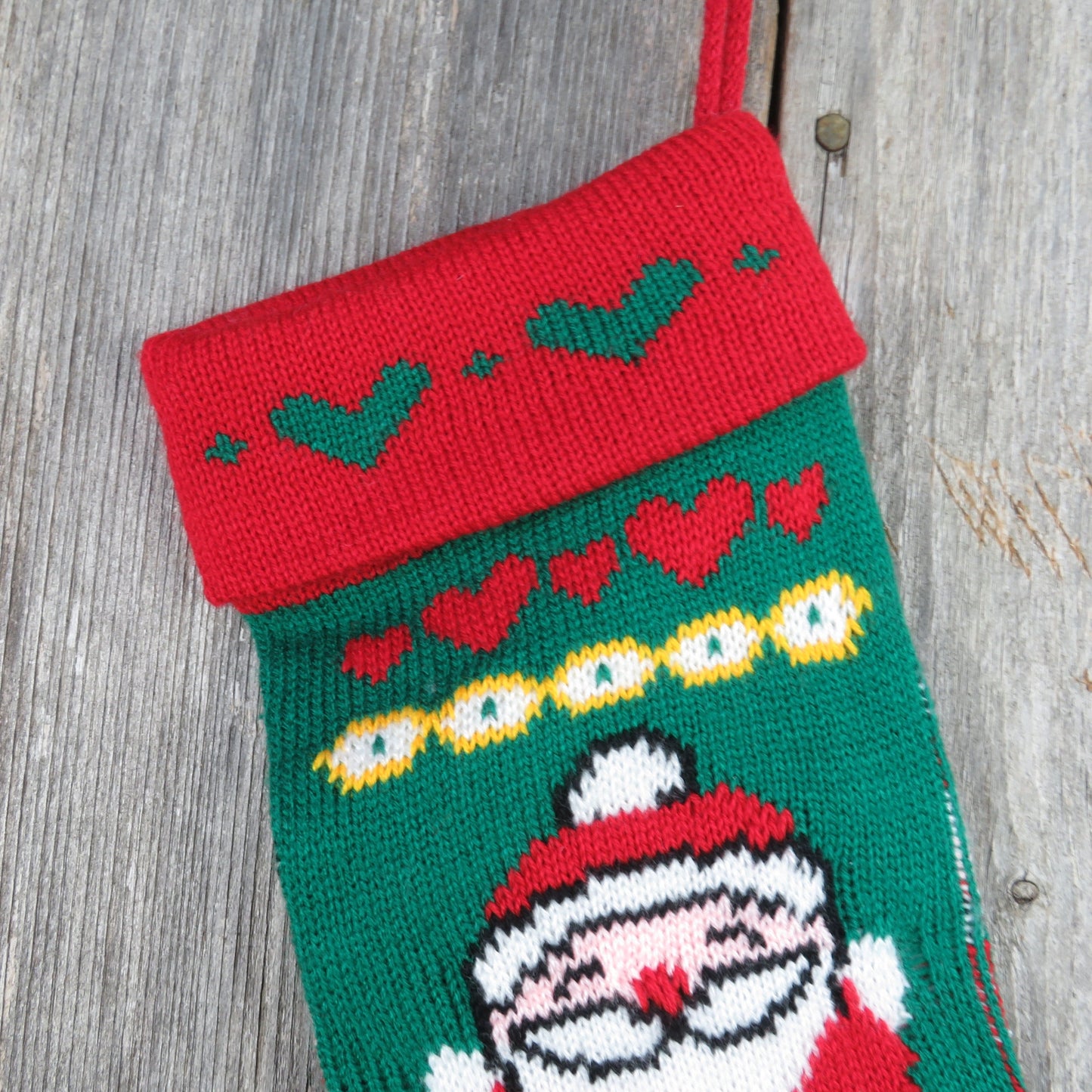 Vintage Santa Claus Knit Stocking Papel Hearts Christmas Cream Red White Green Taiwan