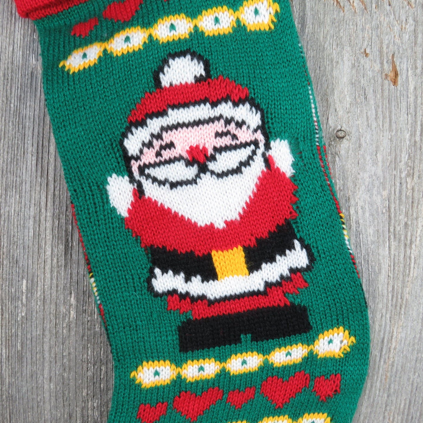 Vintage Santa Claus Knit Stocking Papel Hearts Christmas Cream Red White Green Taiwan