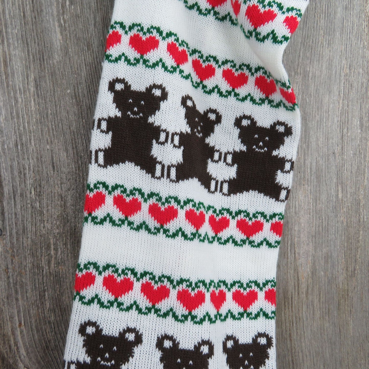 Vintage Teddy Bear Knit Stocking Extra Large White Sweater Red Green St376
