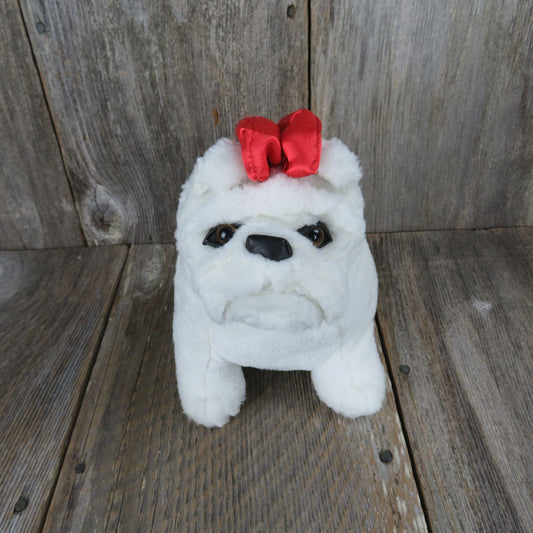 Vintage English Bulldog Dog Plush White Red Bow Stuffed Animal Puppy